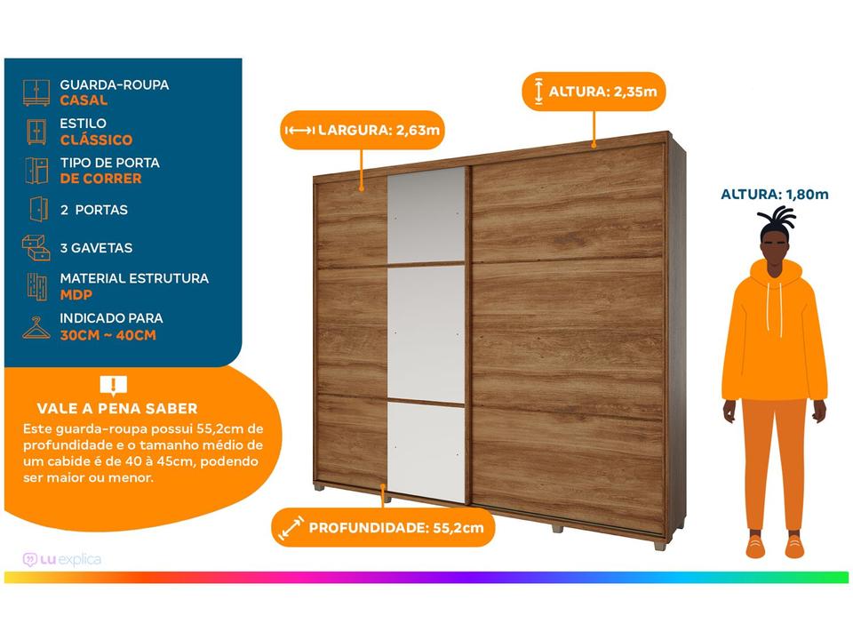 Guarda-roupa Casal Modulado 6 Gavetas 2 Portas de Correr com Espelho Carraro Titan 1173 - 1