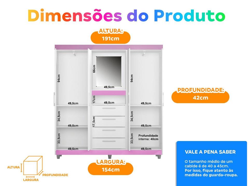 Guarda-roupa com Espelho 4 Portas 4 Gavetas Araplac Pequim - 7