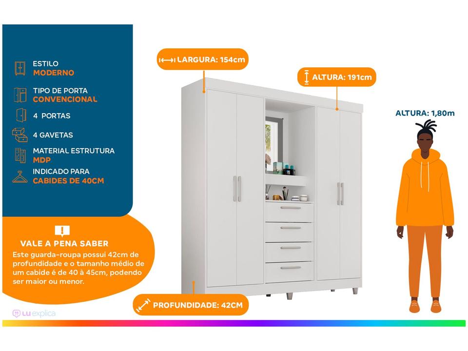 Guarda-roupa com Espelho 4 Portas 4 Gavetas Araplac Pequim - 1