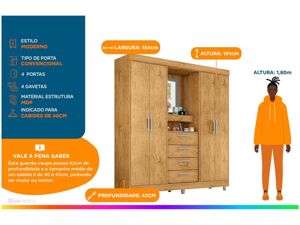 Guarda-roupa com Espelho 4 Portas 4 Gavetas Araplac Pequim - 1