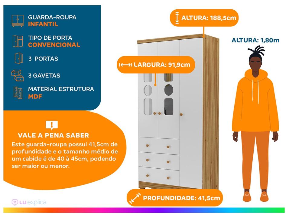 Guarda-roupa de Bebê 3 Gavetas 3 Portas Moveis Peroba Ninho - 1