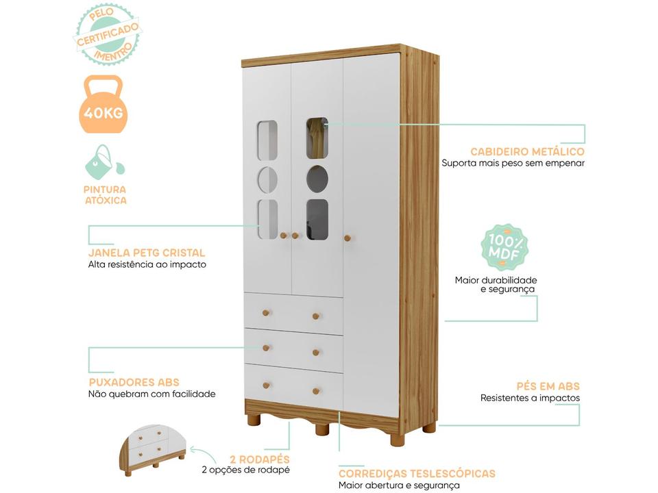 Guarda-roupa de Bebê 3 Gavetas 3 Portas Moveis Peroba Ninho - 9
