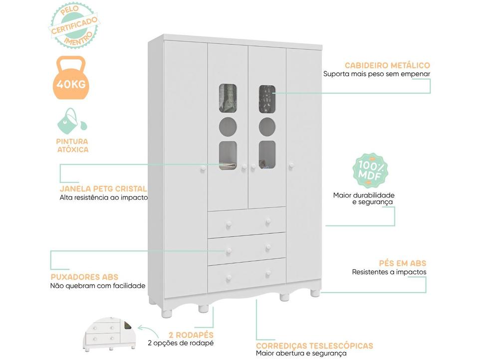 Guarda-roupa de Bebê 3 Gavetas 4 Portas Moveis Peroba Ninho - 8