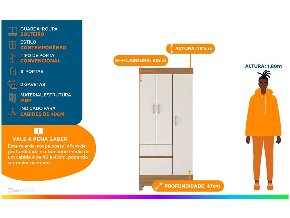 Guarda-roupa Solteiro 2 Gavetas 3 Portas Demóbile Wind - 1