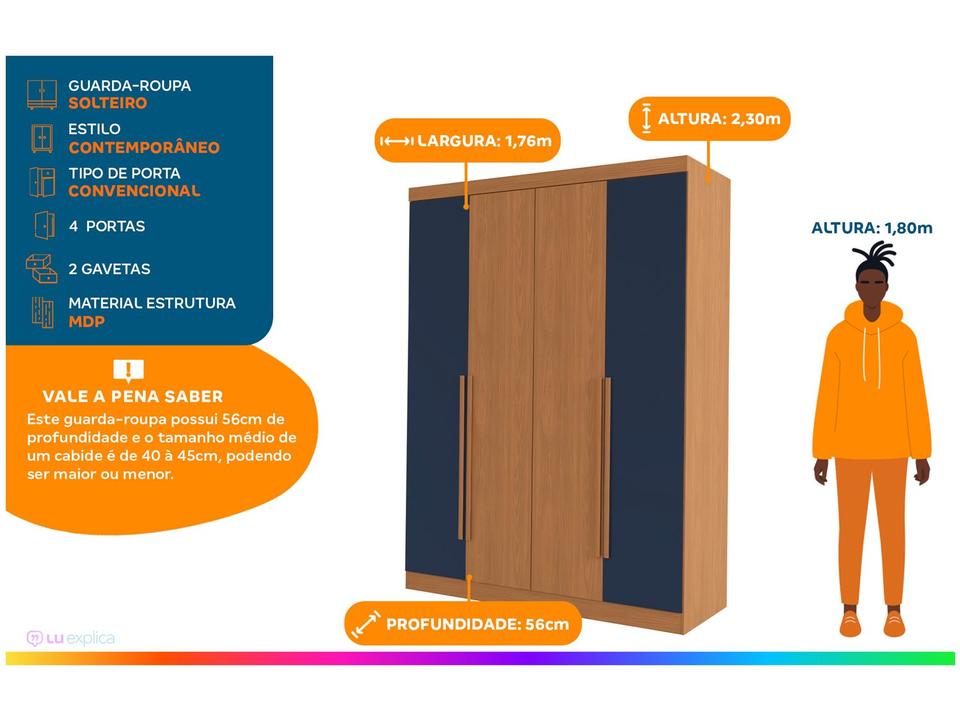 Guarda-roupa Solteiro 2 Gavetas 4 Portas Kappesberg Roma - 1