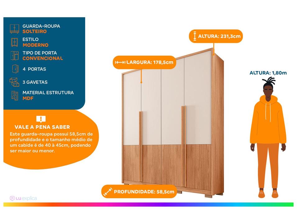 Guarda-roupa Solteiro 3 Gavetas 4 Portas Caemmun Francis - 1