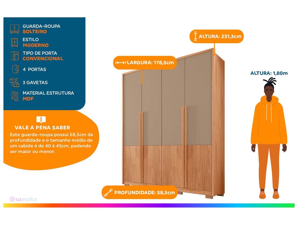 Guarda-roupa Solteiro 3 Gavetas 4 Portas Caemmun Francis - 1