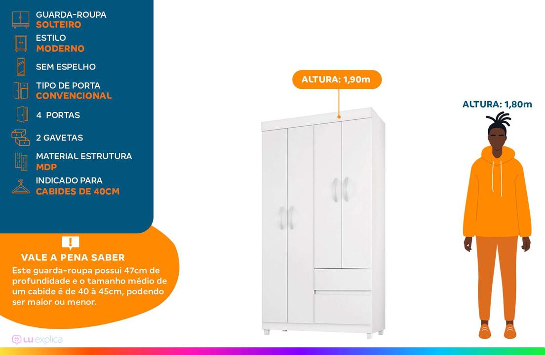 Guarda-roupa Solteiro 4 Portas 2 Gavetas Demóbile Lotus - 1