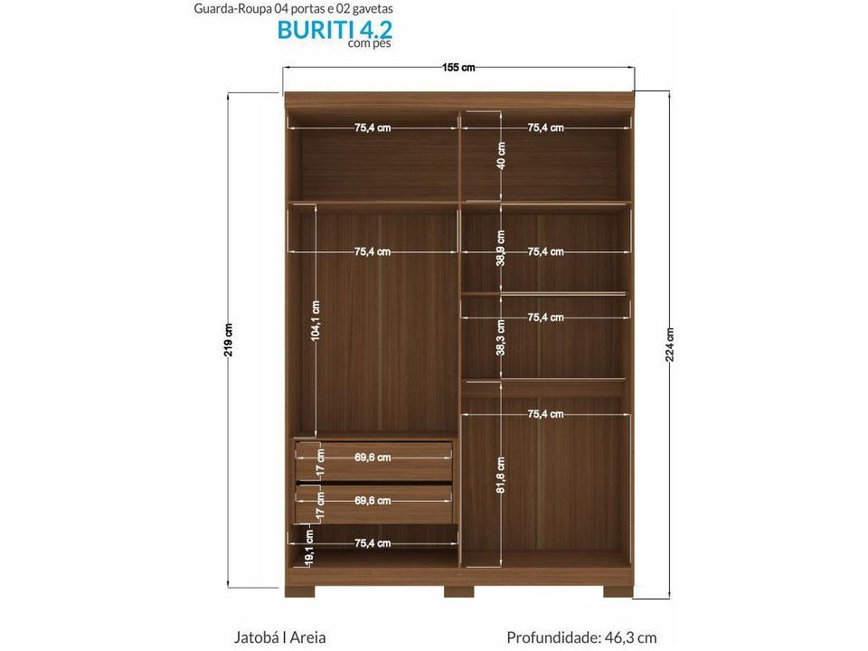 Guarda-roupa Solteiro 4 Portas 2 Gavetas - 6
