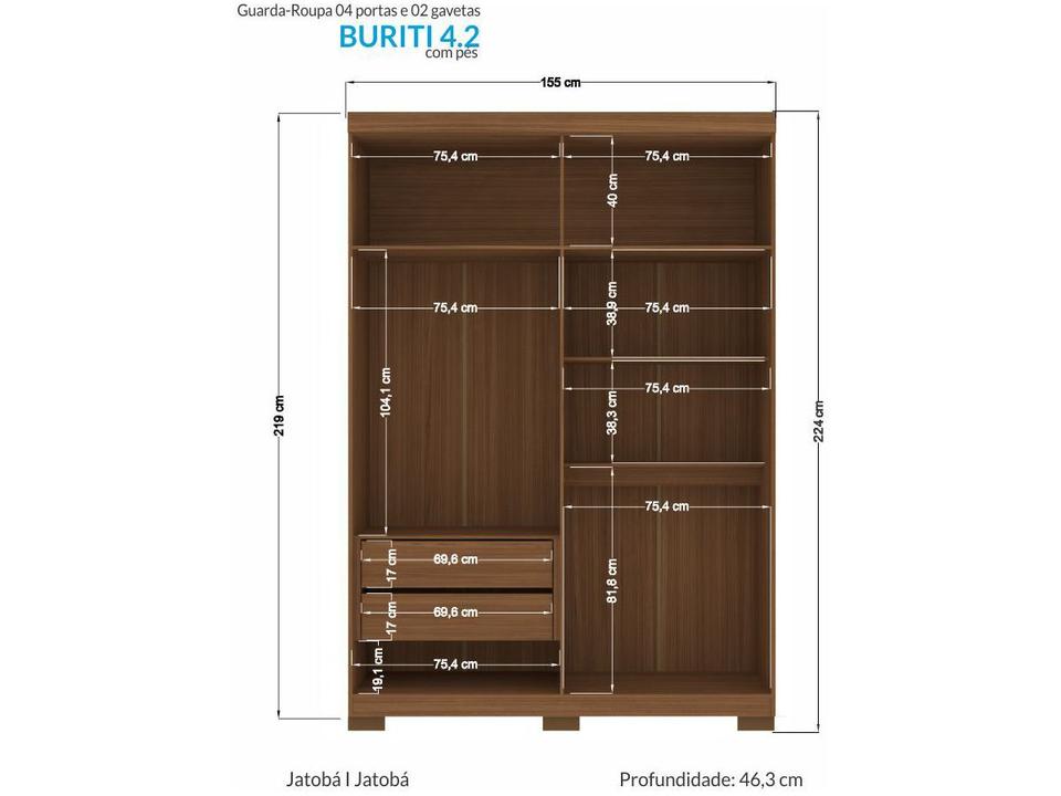 Guarda-roupa Solteiro 4 Portas 2 Gavetas - 6