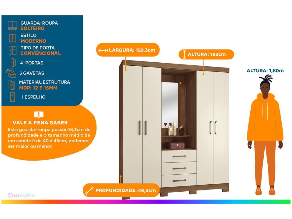Guarda-roupa Solteiro 4 Portas 3 Gavetas Santos Andirá Caiobá 4.3 - 1