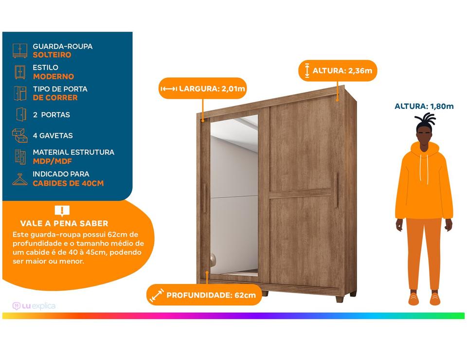Guarda-roupa Solteiro com Espelho 4 Gavetas 2 Portas de Correr Móveis Lanza Zurique - 1