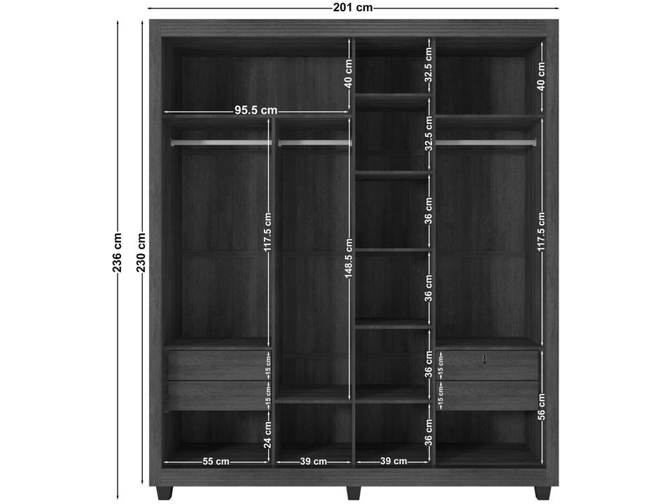 Guarda-roupa Solteiro com Espelho 4 Gavetas 2 Portas de Correr Móveis Lanza Zurique - 5