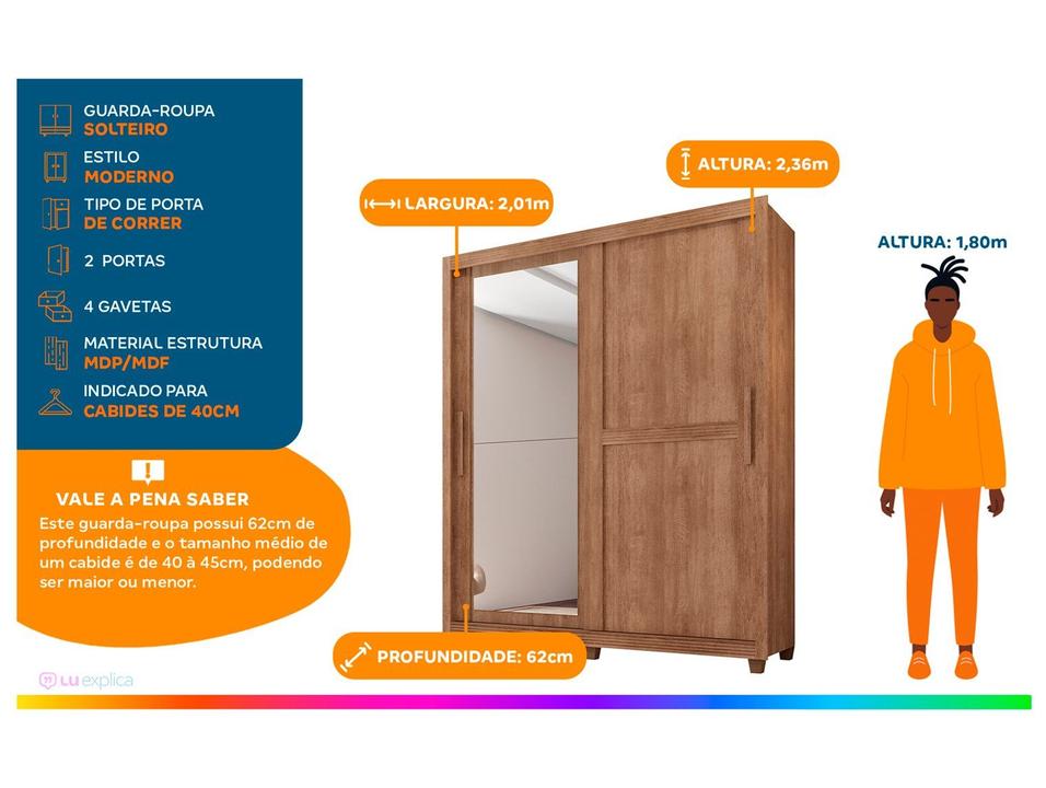 Guarda-roupa Solteiro com Espelho 4 Gavetas 2 Portas de Correr Móveis Lanza Zurique - 5