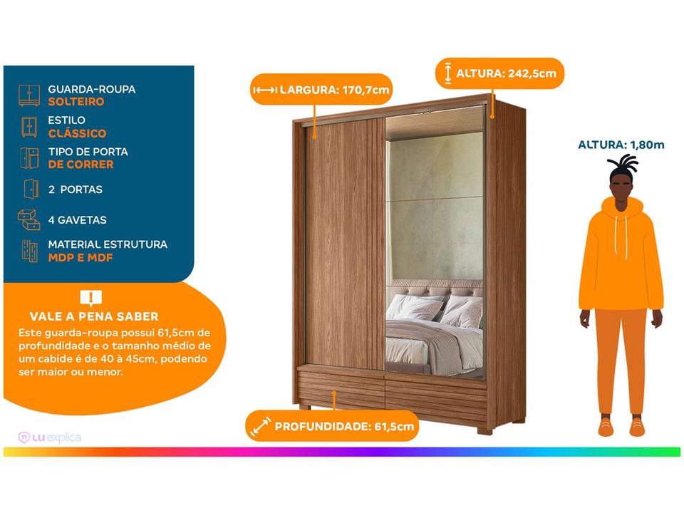 Guarda-roupa Solteiro com Espelho 4 Gavetas 2 Portas Santos Andirá Democrata - 2