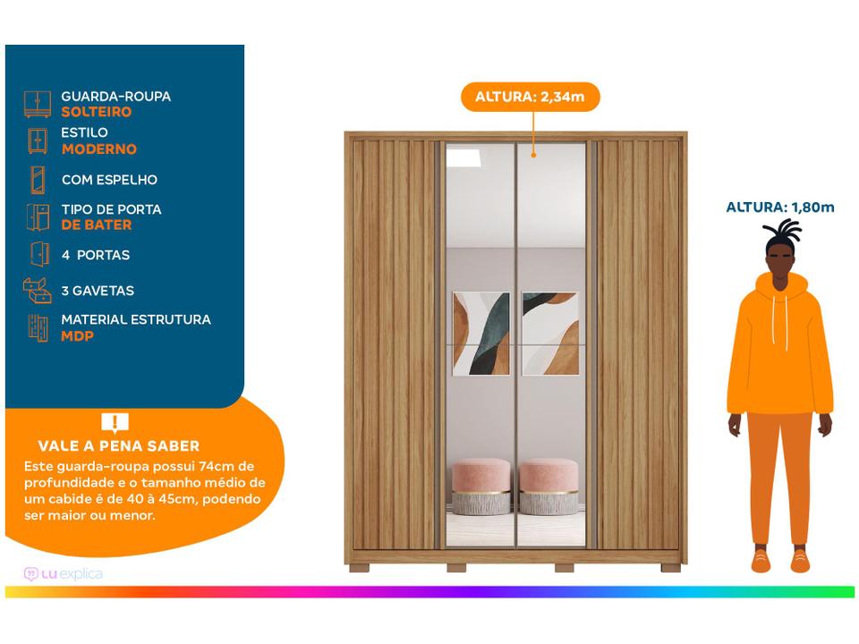 Guarda-roupa Solteiro com Espelho 4 Portas 3 Gavetas Caemmun Belize Ripado - 1