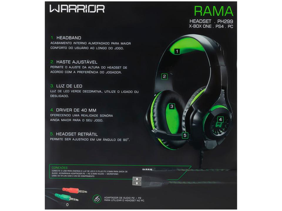 Headset Gamer Warrior Rama PH299 para PC - Xbox One e PS4 P2 Verde - 12