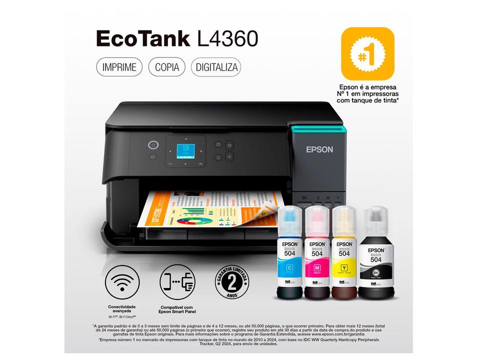 Impressora Multifuncional Epson EcoTank L4360 Tanque de Tinta Frente e Verso Automático Colorida Wi-Fi USB - 1