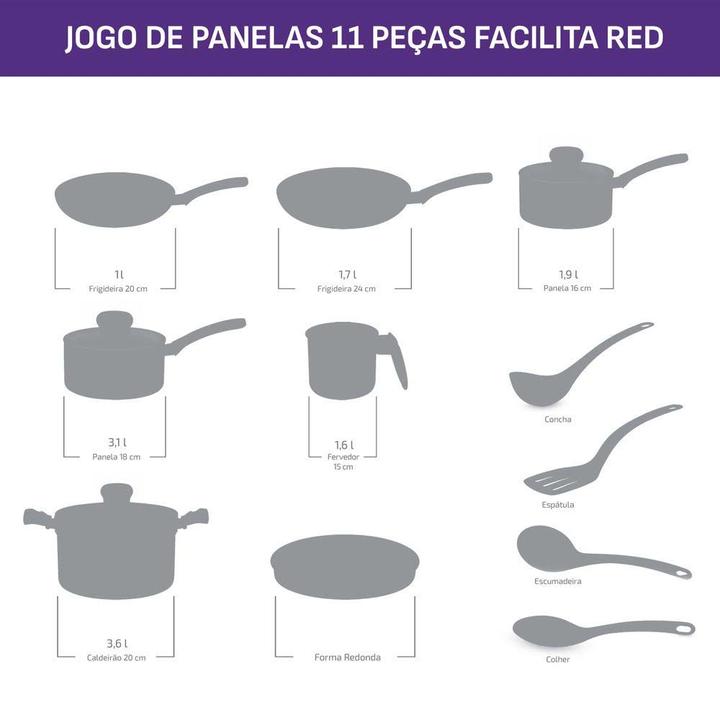 Jogo de Panelas Rochedo Antiaderente de Alumínio Vermelho 11 Peças Facilita - 1