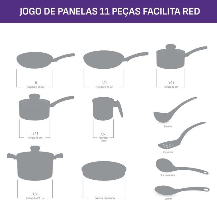 Jogo de Panelas Rochedo Antiaderente de Alumínio Vermelho 11 Peças Facilita - 1