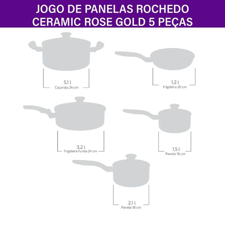 Jogo de Panelas Rochedo Cerâmico de Alumínio Rose Gold 5 Peças Ceramic - 6