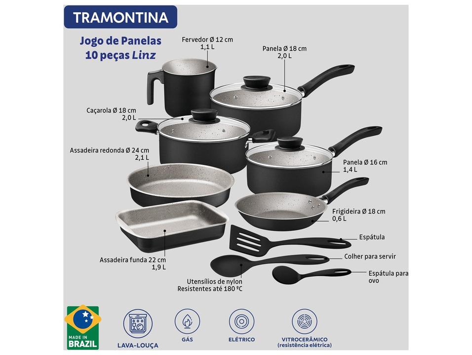 Jogo de Panelas Tramontina Antiaderente Starflon Max de Alumínio Preto 10 Peças Linz - 1
