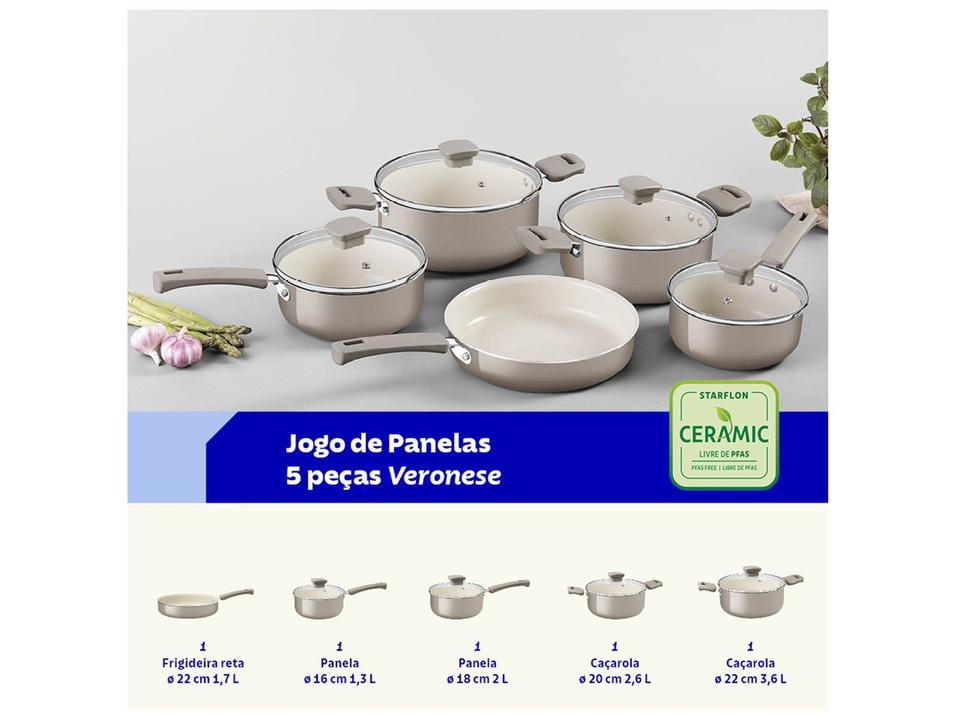 Jogo de Panelas Tramontina Revestimento Cerâmico de Alumínio Bege 5 Peças Veronese - 1