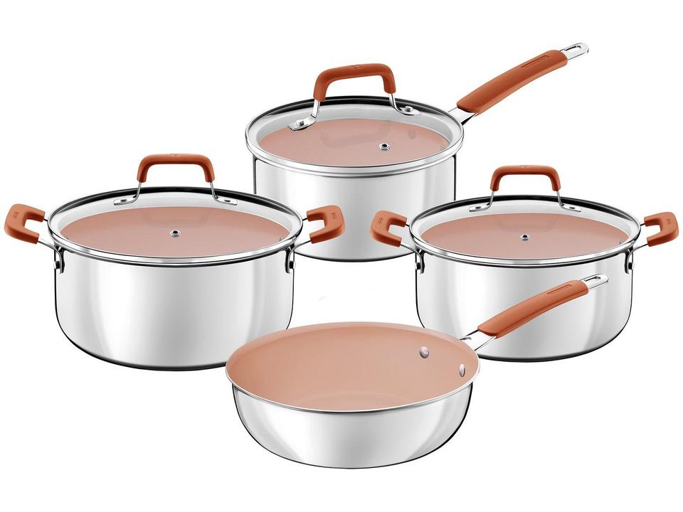 Jogo de Panelas Tramontina Revestimento Cerâmico Marfim e Inox 4 Peças Romagna