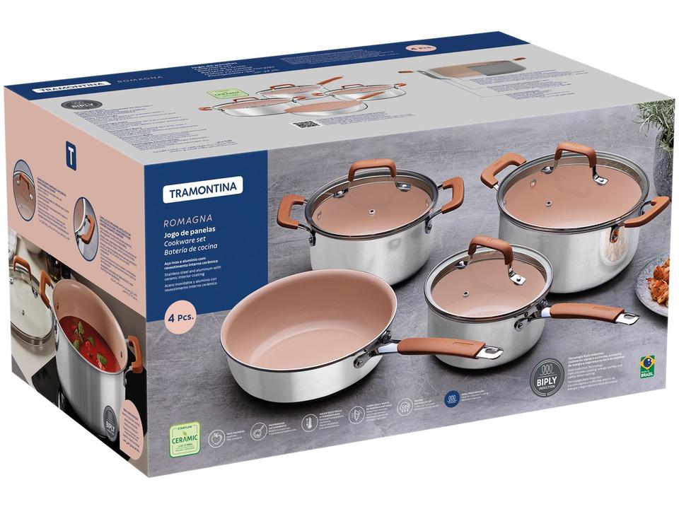 Jogo de Panelas Tramontina Revestimento Cerâmico Marfim e Inox 4 Peças Romagna - 9