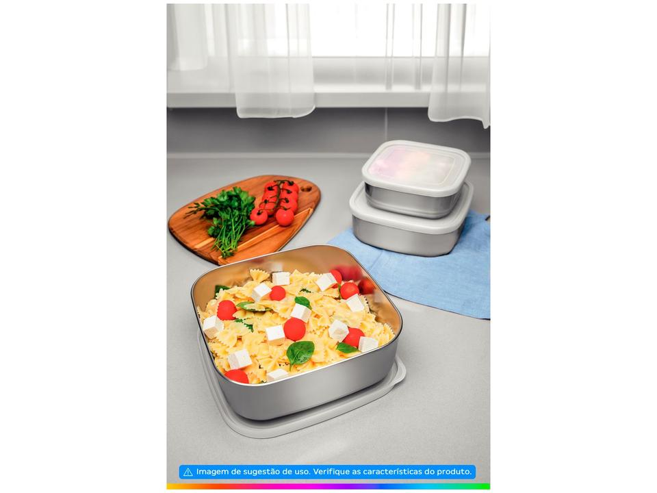 Jogo de Potes de Inox Tramontina com Tampa Quadrado Freezinox 3 Peças - 1