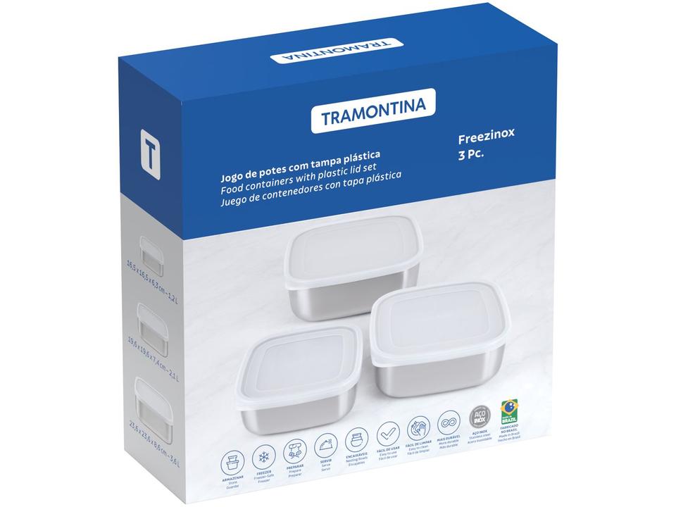 Jogo de Potes de Inox Tramontina com Tampa Quadrado Freezinox 3 Peças - 4