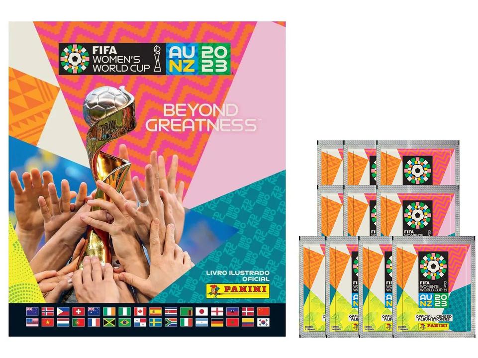 Kit Álbum de Figurinhas Copa do Mundo Feminina Austrália 2023 com 10 Pacotes de Figurinhas Panini