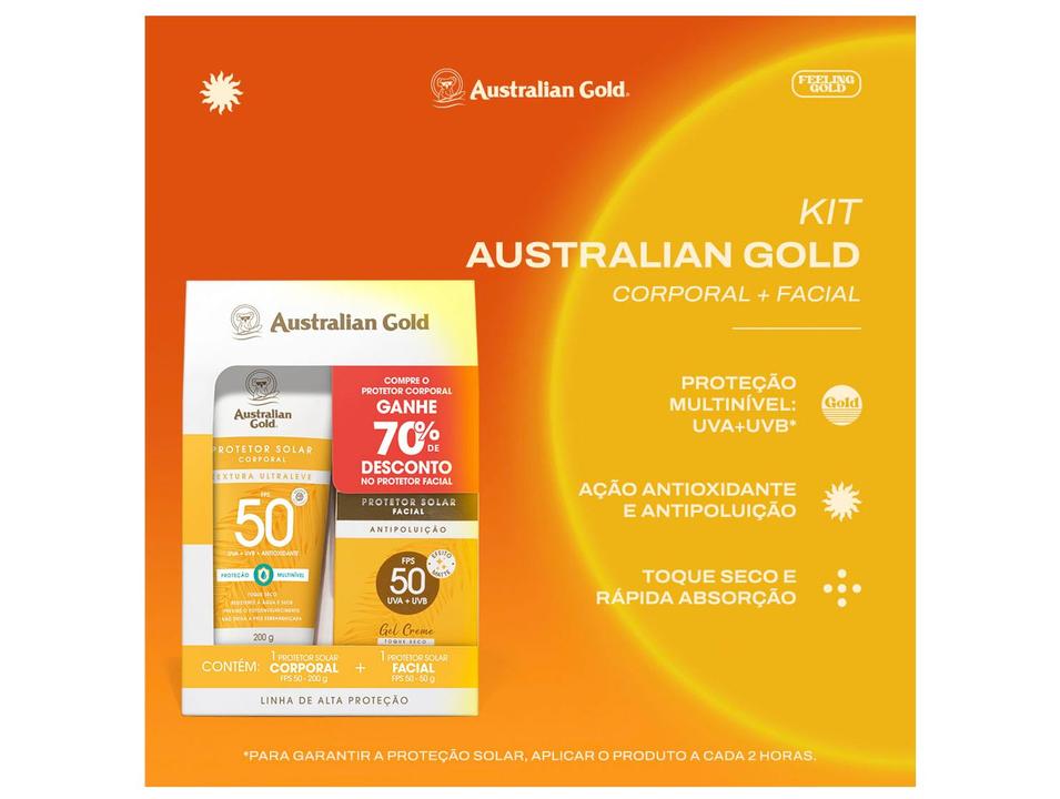 Kit Protetor Solar Corporal FPS 50 e Facial FPS 50 Australian Gold Alta Proteção - 1