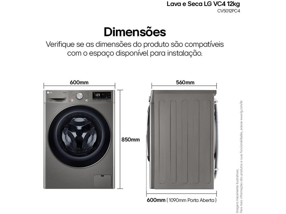 Lava e Seca LG 12kg Smart VC4 CV5012PC4 com Inteligência Artificial Água Quente e Fria Prata - 12