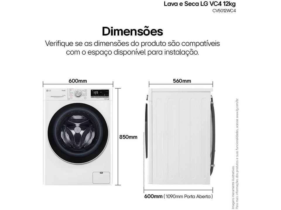 Lava e Seca LG 12kg Smart VC4 CV5012WC4 com Inteligência Artificial Água Quente e Fria Branca - 12