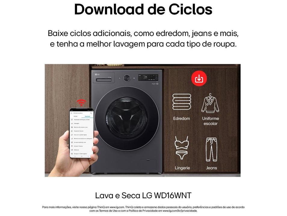 Lava e Seca Smart LG 16kg WD16GNT Motor Inverter Direct Drive Água Fria e Quente Black Inox - 8