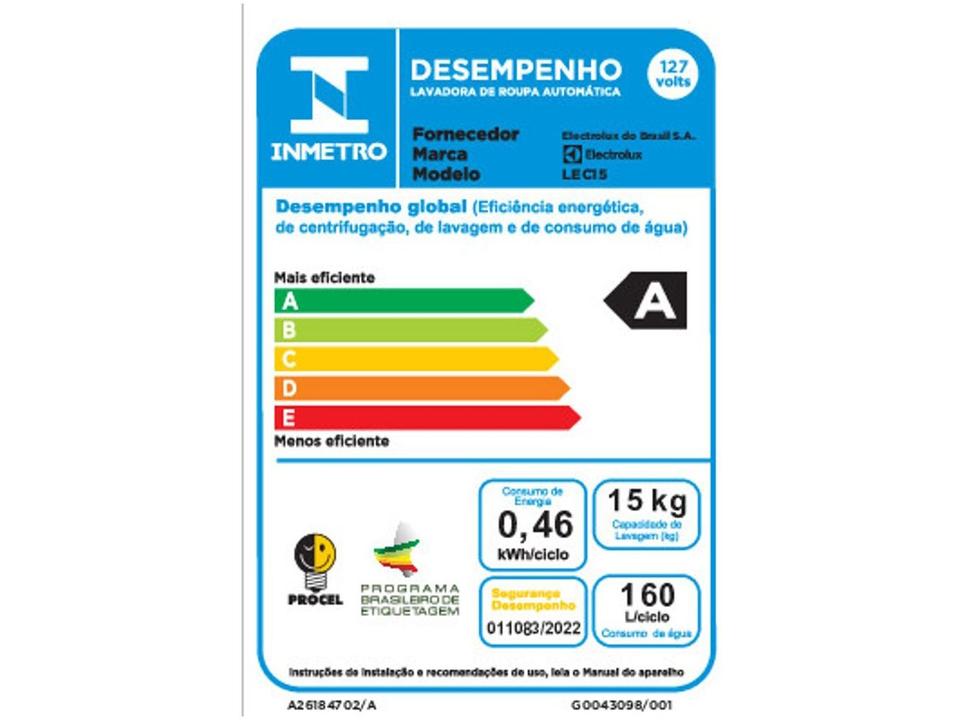 Lavadora de Roupas Electrolux 15kg Cesto Inox 11 Programas de Lavagem Branco Premium Care LEC15 - 14