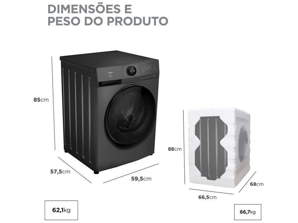 Lavadora de Roupas Midea Slim 11kg HealthGuard Smart Inverter Água Fria e Quente Titanium MF201W110WB/GK-01 - 11