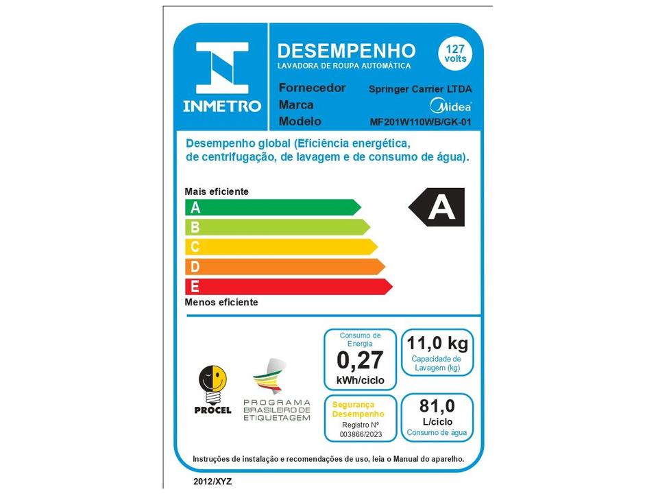 Lavadora de Roupas Midea Slim 11kg HealthGuard Smart Inverter Água Fria e Quente Titanium MF201W110WB/GK-01 - 12