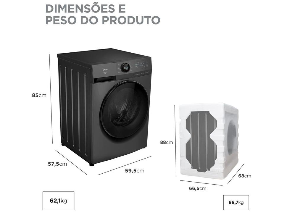 Lavadora de Roupas Midea Slim 11kg HealthGuard Smart Inverter Água Fria e Quente Titanium MF201W110WB/GK-01 - 11