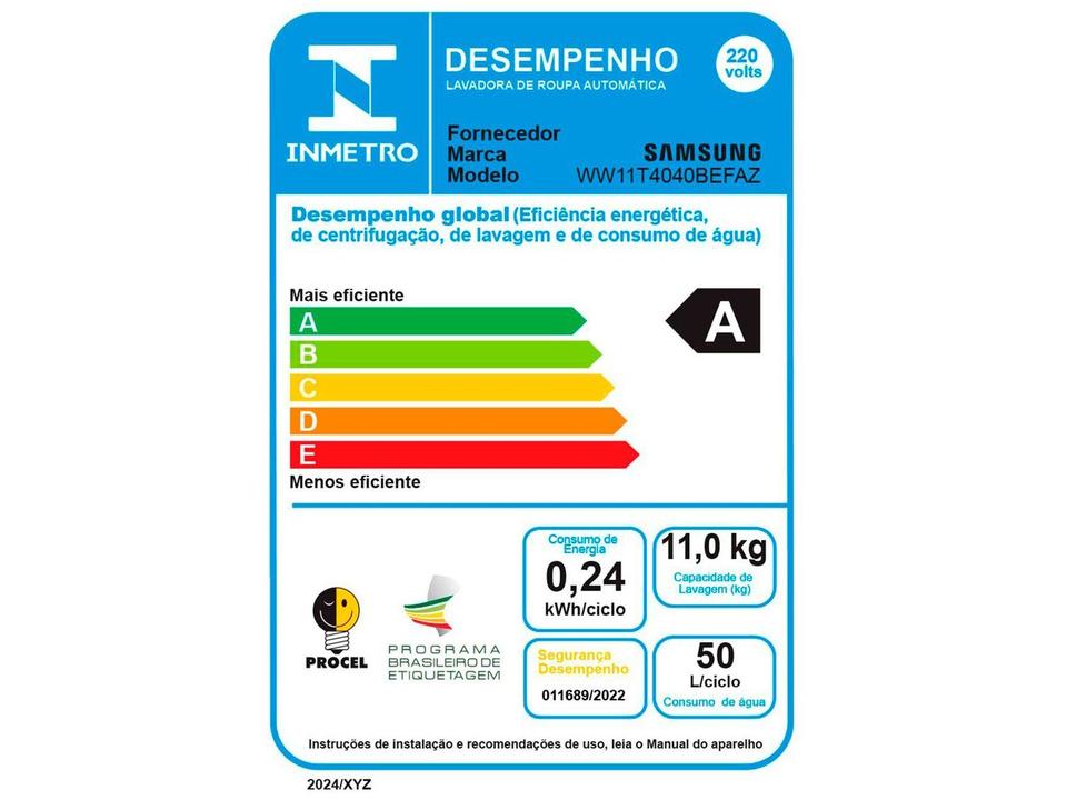 Lavadora de Roupas Samsung Inverter 11kg Cesto Inox 12 Programas de Lavagem Branca WW11T4040BE/AZ - 11