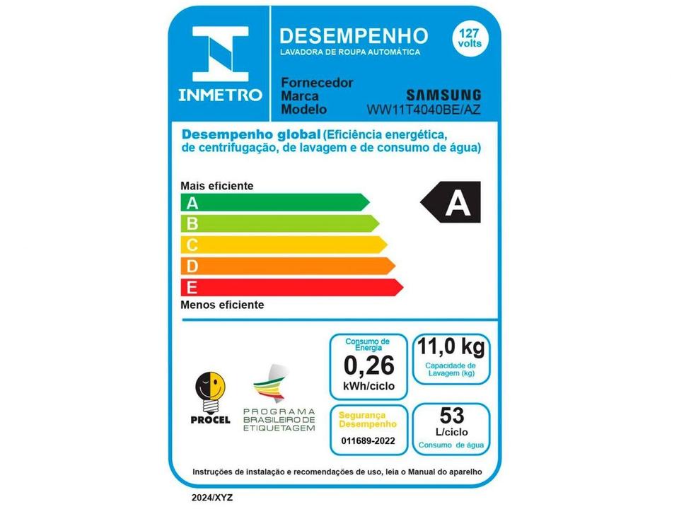 Lavadora de Roupas Samsung Inverter 11kg Inox 12 Programas de Lavagem Branca WW11T4040BE/AZ - 11