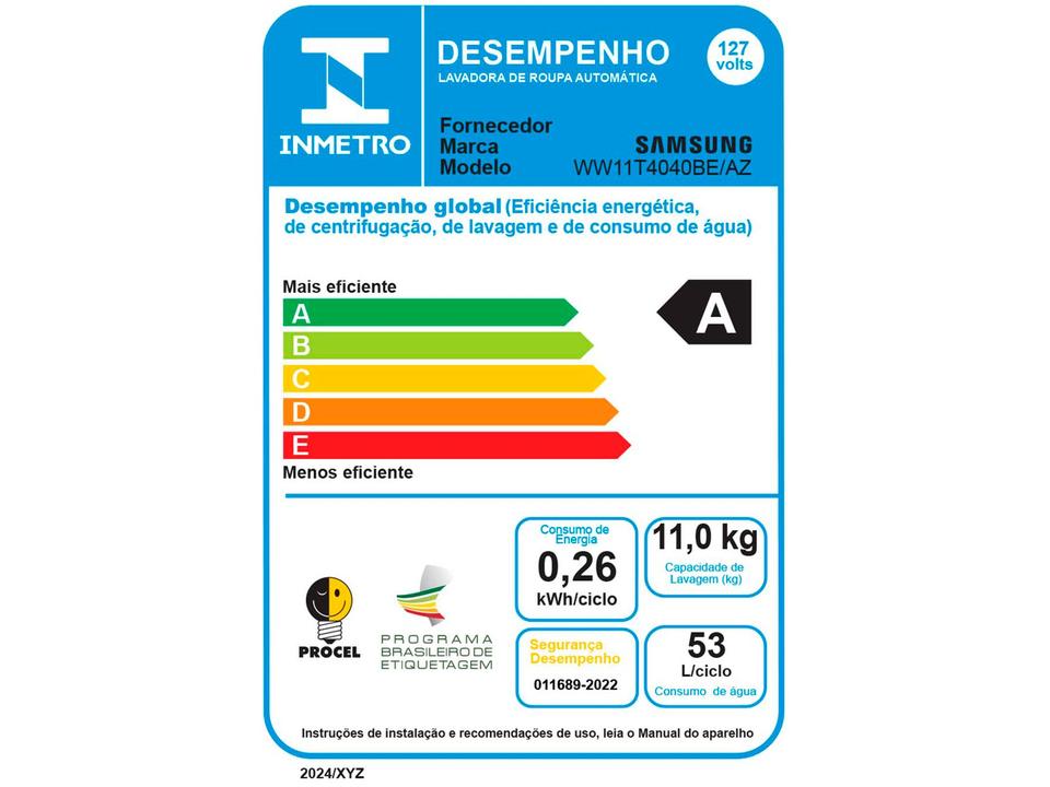 Lavadora de Roupas Samsung Inverter 11kg Inox 12 Programas de Lavagem Branca WW11T4040BE/AZ - 10
