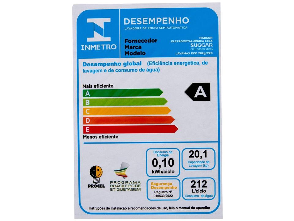 Lavadora de Roupas Suggar 20kg 6 Programas de Lavagem Branca Lavamax Eco LE2002BR - 11