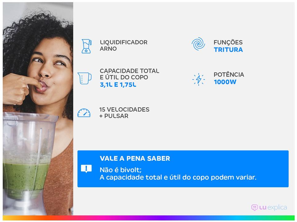 Liquidificador Arno Power Max 1000 Preto - 15 Velocidades 1000W - 1