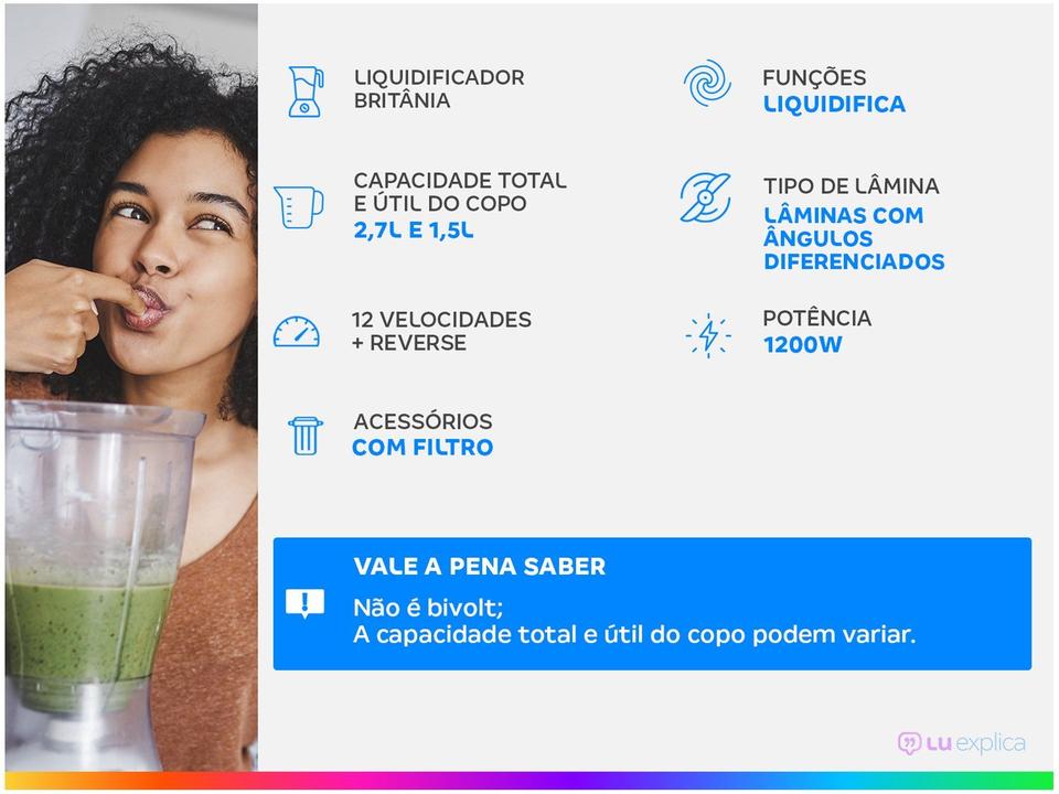 Liquidificador Britânia BLQ1250 Revert Turbo Preto com Filtro 12 Velocidades 1200W - 2