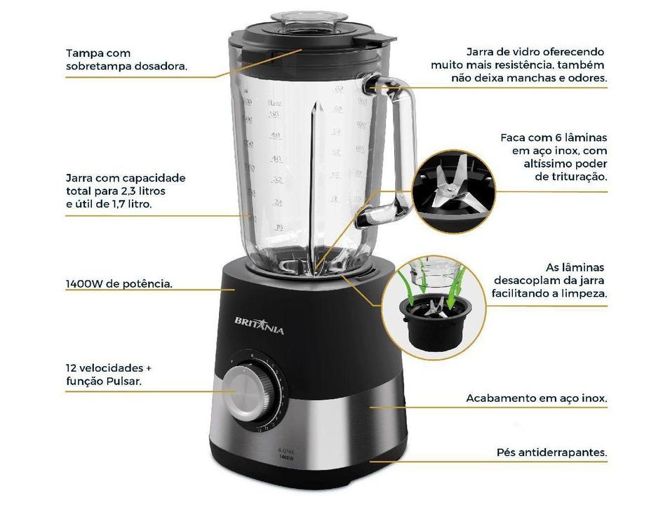 Liquidificador Britânia BLQ14A 63102019 Copo de Vidro de 2,3L 1400W Preto e Inox - 4