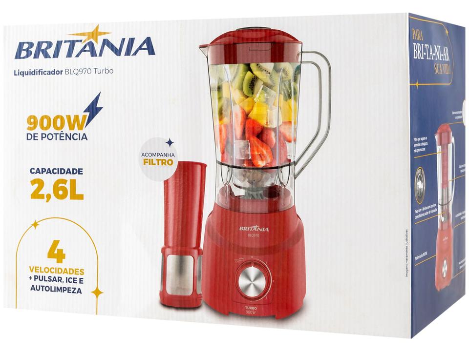 Liquidificador Britânia Turbo BLQ970V Vermelho com Filtro 4 Velocidades 900W - 12