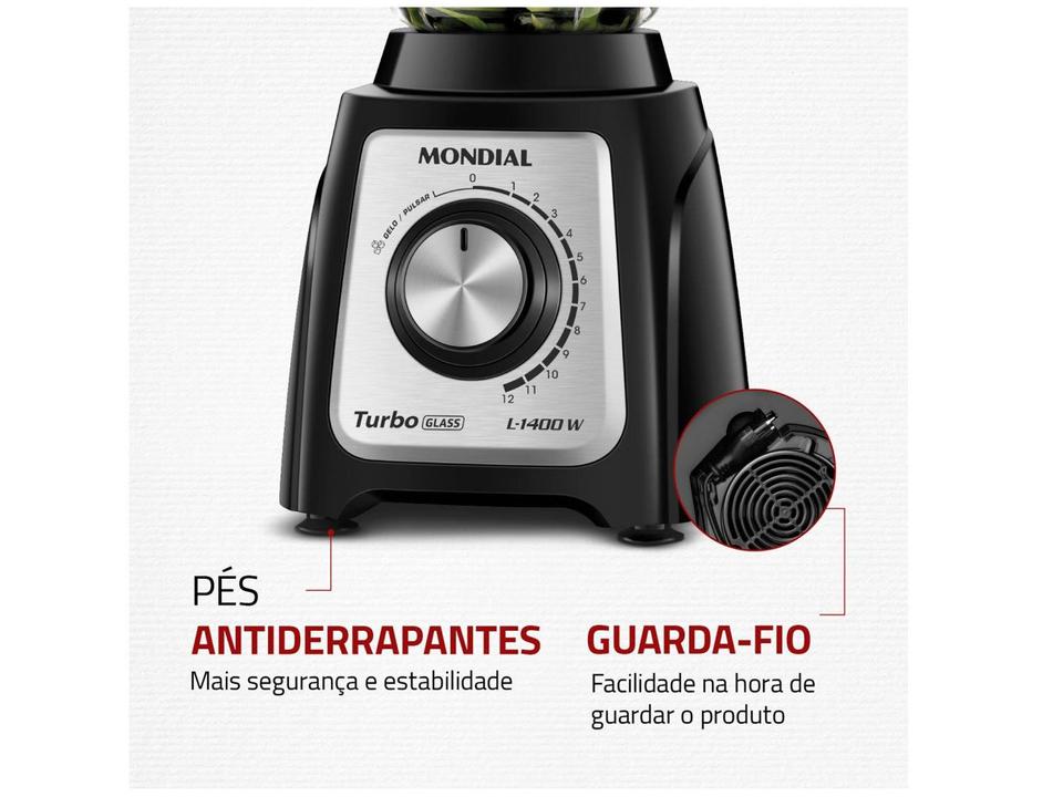 Liquidificador Mondial Turbo Glass L-1400 GI Copo de Vidro 12 Velocidades 1400W  Preto/Inox - 7