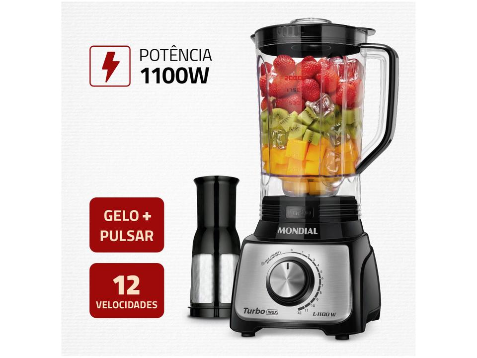 Liquidificador Mondial Turbo Inox L-1100 BI Preto com Filtro 12 Velocidades 1100W - 2